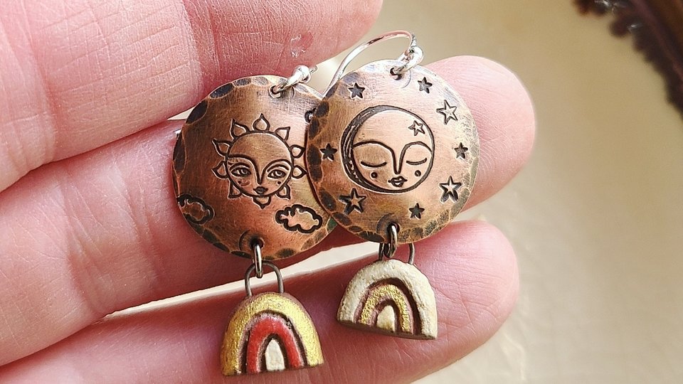 You Are The Sun & Moon / Copper, Ceramic and Sterling Silver Earrings