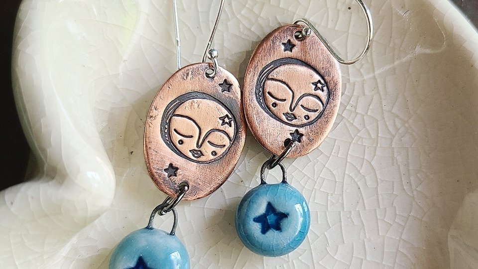 Moon And Stars / Copper, Ceramic and Silver Earrings