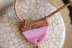 Pink Lotus / Pink Quartz, Enameled and Stamped Copper Necklace