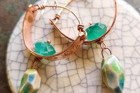 Sky Dancing / Stamped Copper, Ceramic and Green Onyx Earrings
