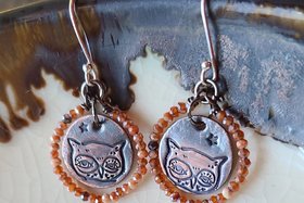 Fall Owl / Copper and Carnelian Earrings