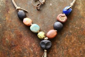 Rustic Owl / Ceramic, Copper and Faux Suede Necklace