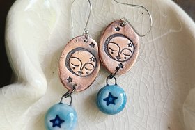 Moon And Stars / Copper, Ceramic and Silver Earrings
